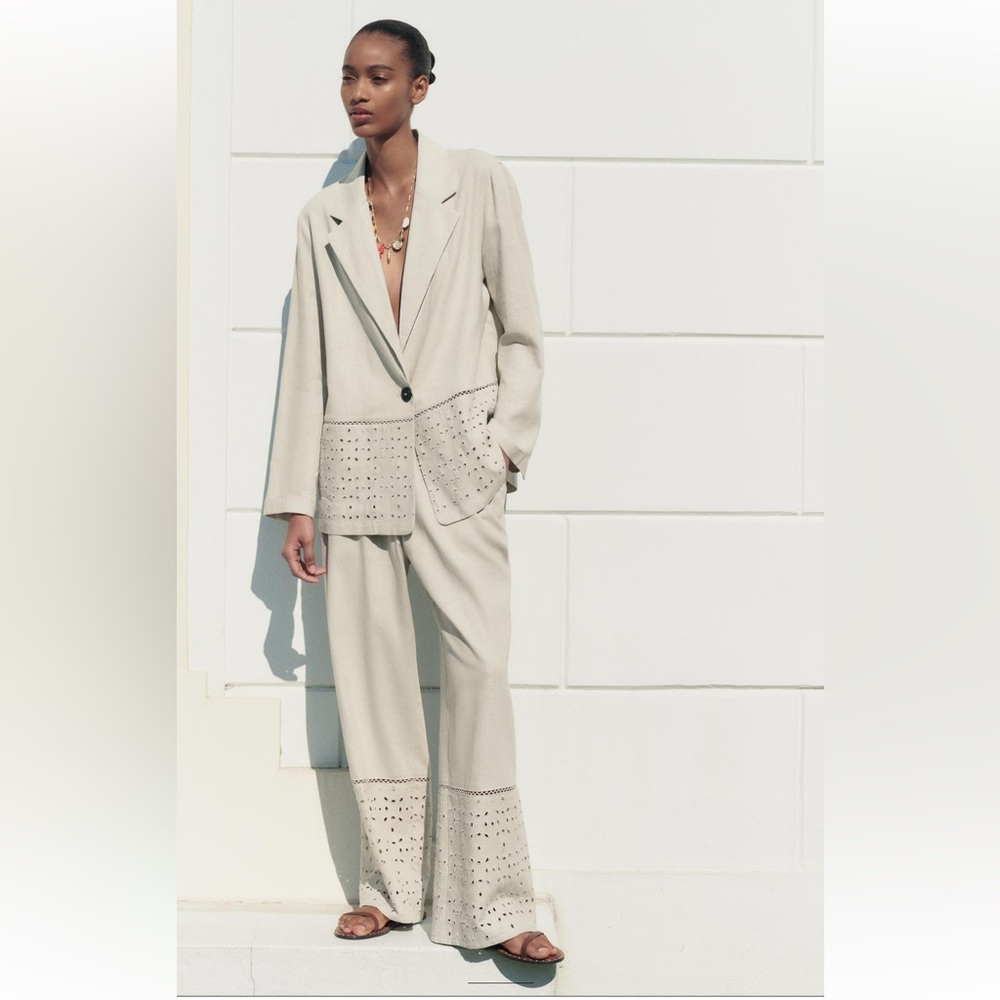 Zara embroidered linen blend set blazer & pant